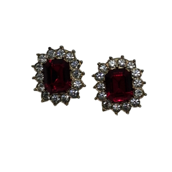 Vintage 80s Red Rhinestone Sunburst Stud Earrings - Picture 3 of 6